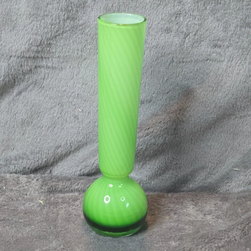 Vintage Green Cased Glass Bud Vase Swirl Stripe Satin Bulbous Base Empoli Style